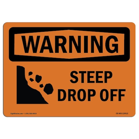 OSHA WARNING Sign, Steep Drop Off W/ Symbol, 5in X 3.5in Decal, 10PK